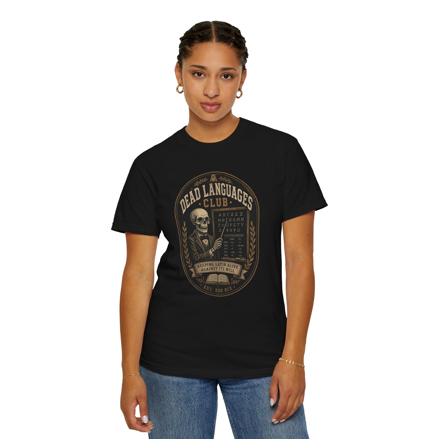 Dead Languages Club T-Shirt — Vintage Skull Latin Design