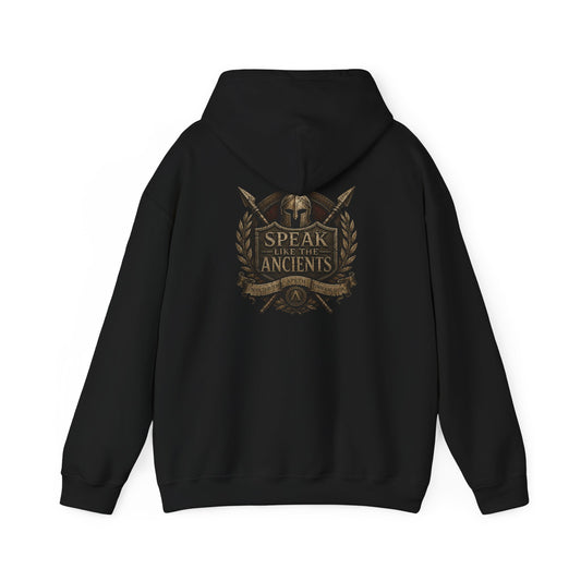 Hoodie — "Speak Like the Ancients" Spartan Helmet Vintage Crest