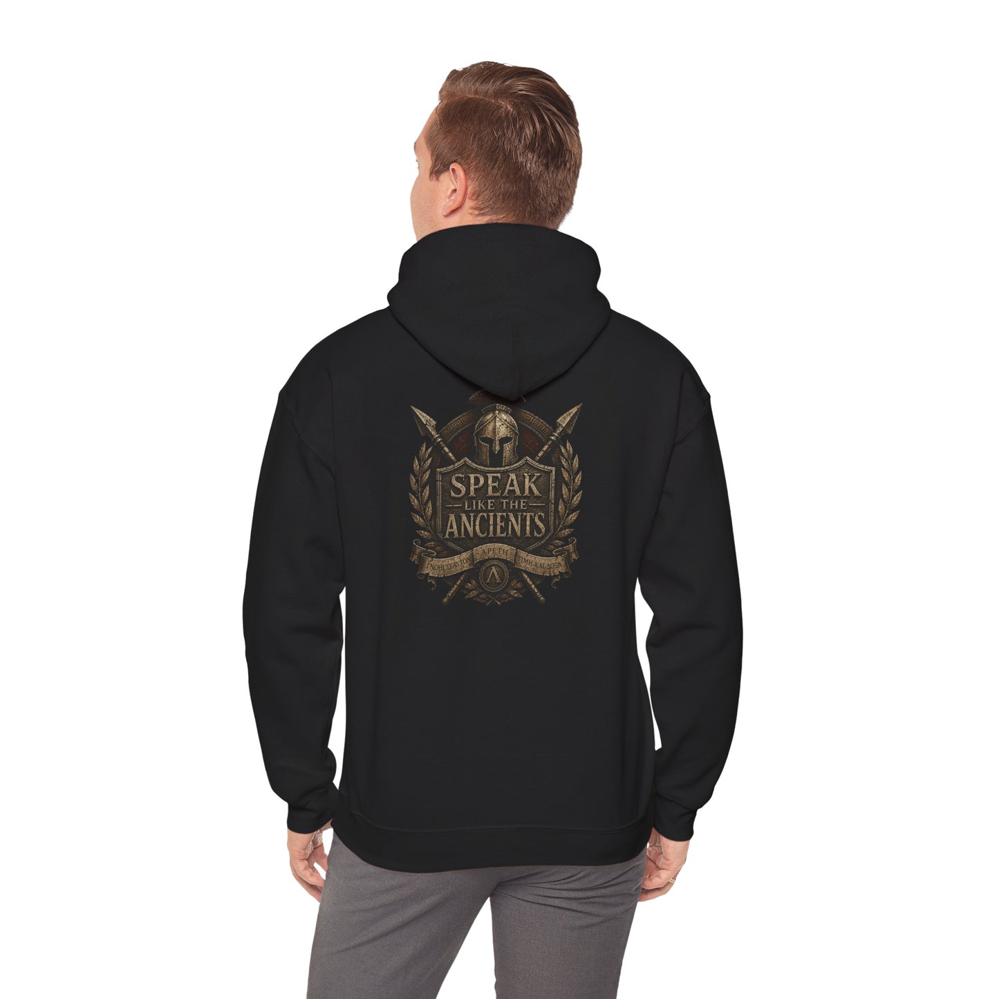Hoodie — "Speak Like the Ancients" Spartan Helmet Vintage Crest